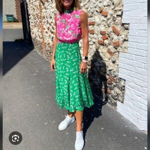 Primrose Park Anthropologie Pink & Green Mia Midi Tie Neck Dress NWT Size XS